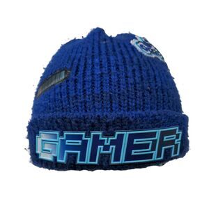 GAMER Beanie Hat Blue 4-7 S/P M/M Stretch Hand Knitted Patch Logo Place